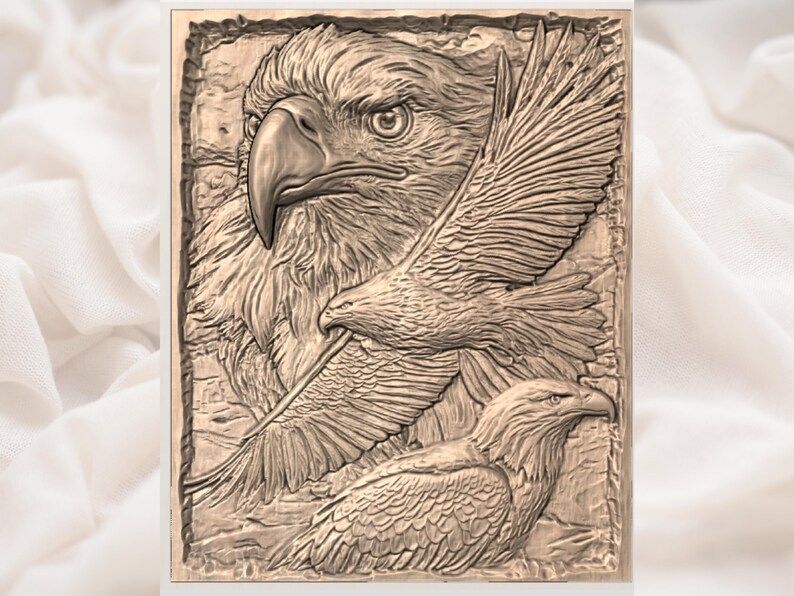 Bald Eagle Trio Bas-Relief STL, Portrait and Two in Flight bas-relief STL — view 2