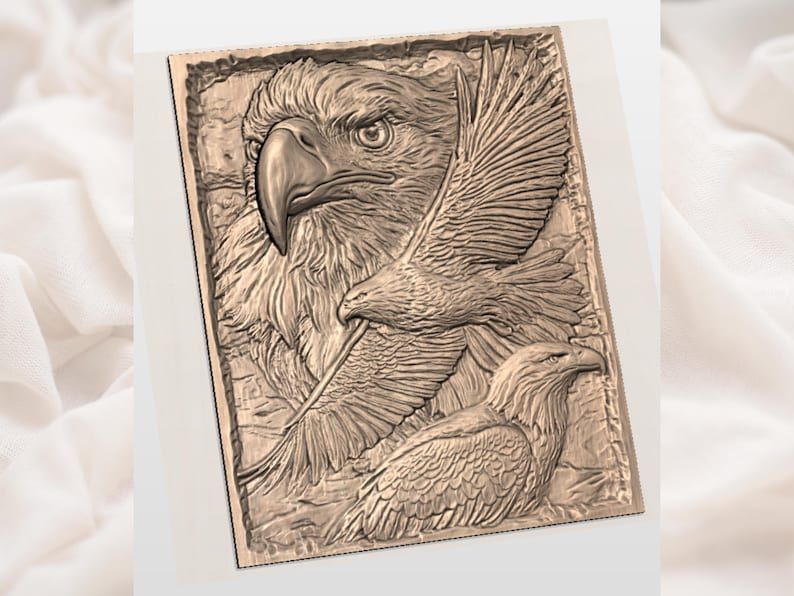 Bald Eagle Trio Bas-Relief STL, Portrait and Two in Flight bas-relief STL — view 3