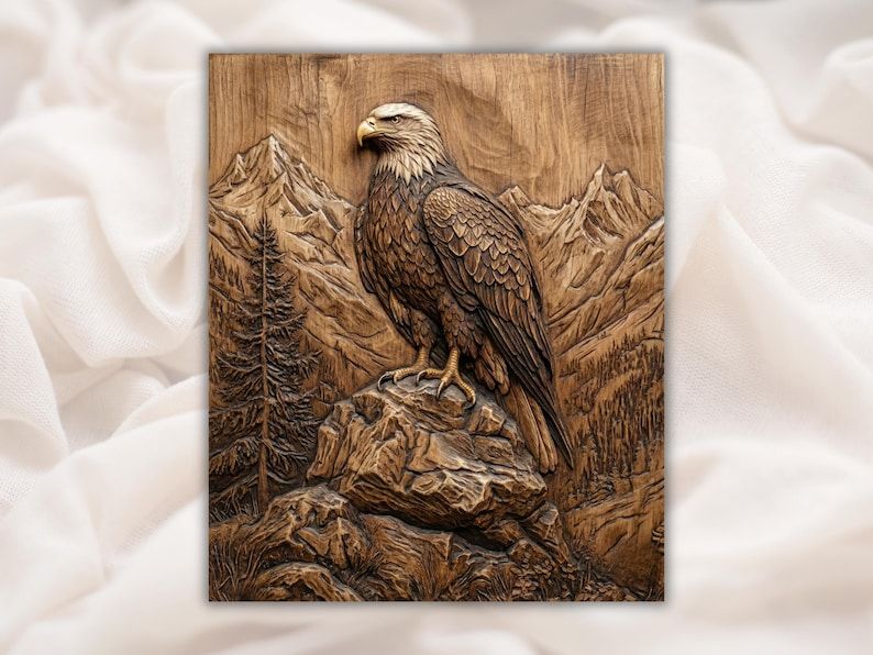 Carved wood bas-relief of a bald eagle perched on a rocky crag with mountain peaks and a pine tree behind