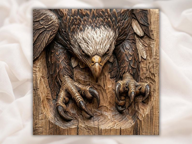 Carved wood bas-relief of a bald eagle diving with talons extended and detailed feathers