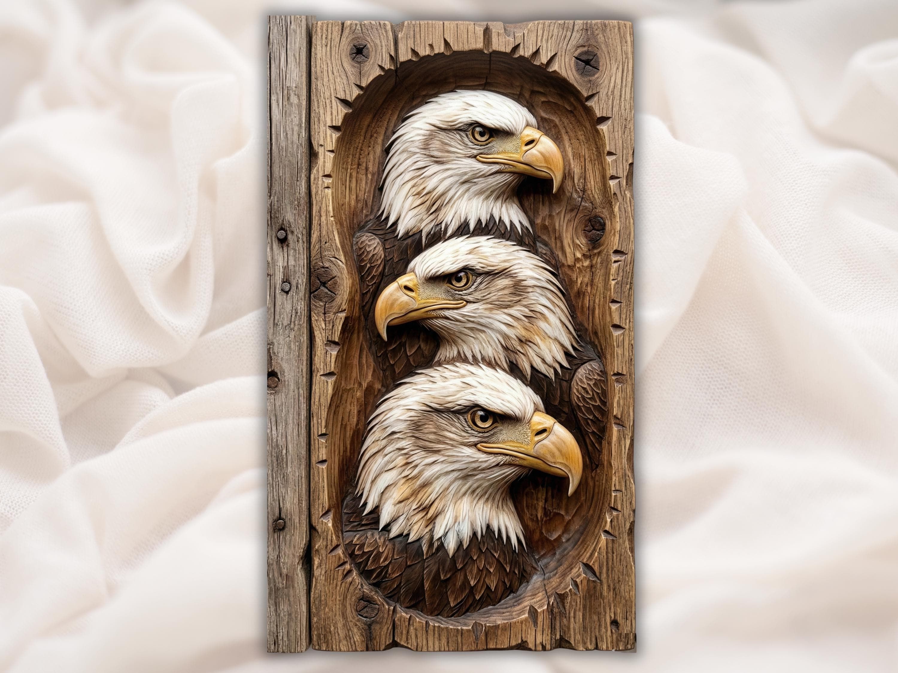 Bas-relief wood carving of three bald eagle heads stacked vertically inside a rough-edged panel