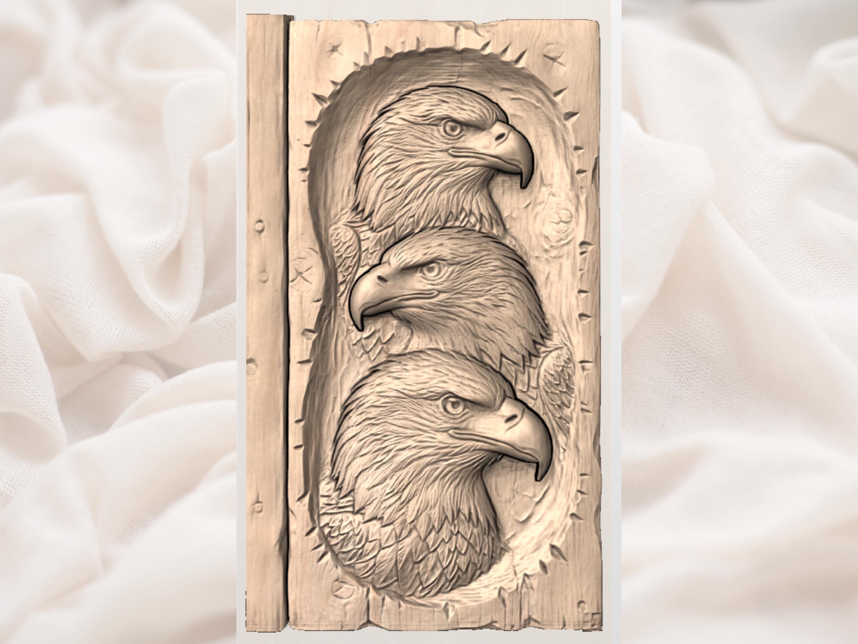 Three Bald Eagles Stacked Vertical Bas-Relief Carving bas-relief STL — view 3