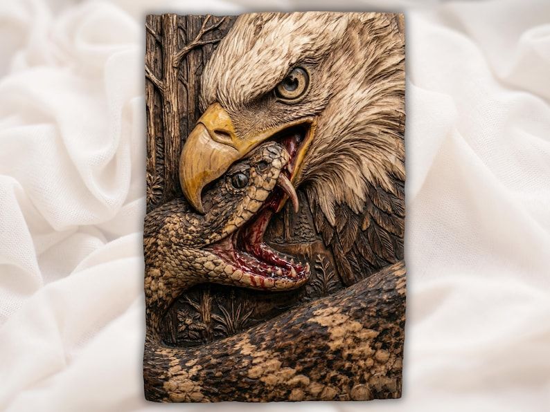 Bas-relief wood carving of a bald eagle gripping and striking an open-mouthed rattlesnake against trees