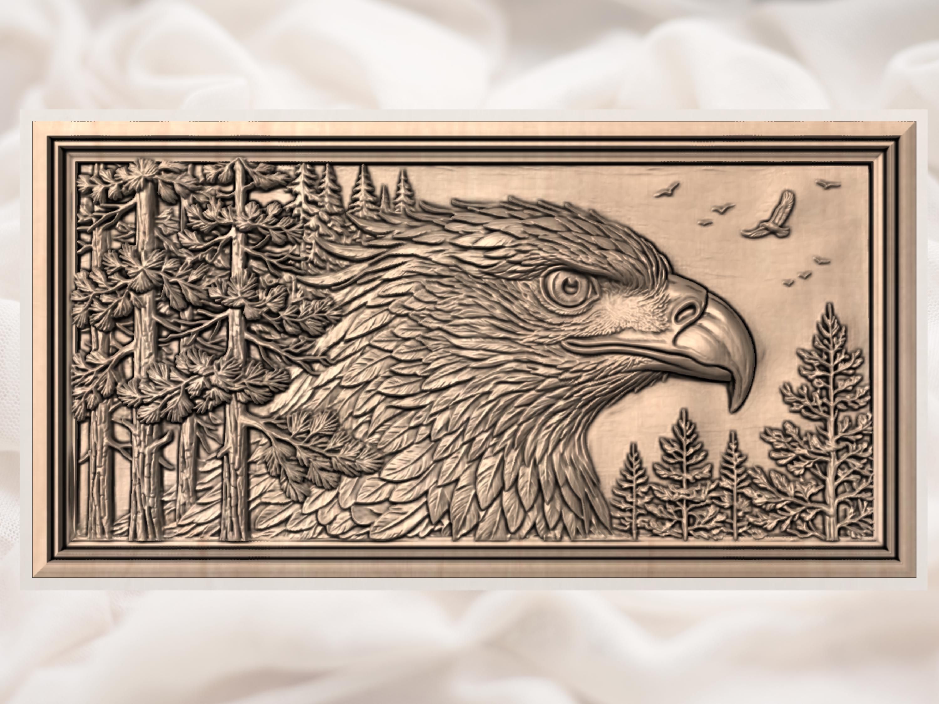 Bald Eagle Profile Bas-Relief with Pine Forest Backdrop STL bas-relief STL — view 3