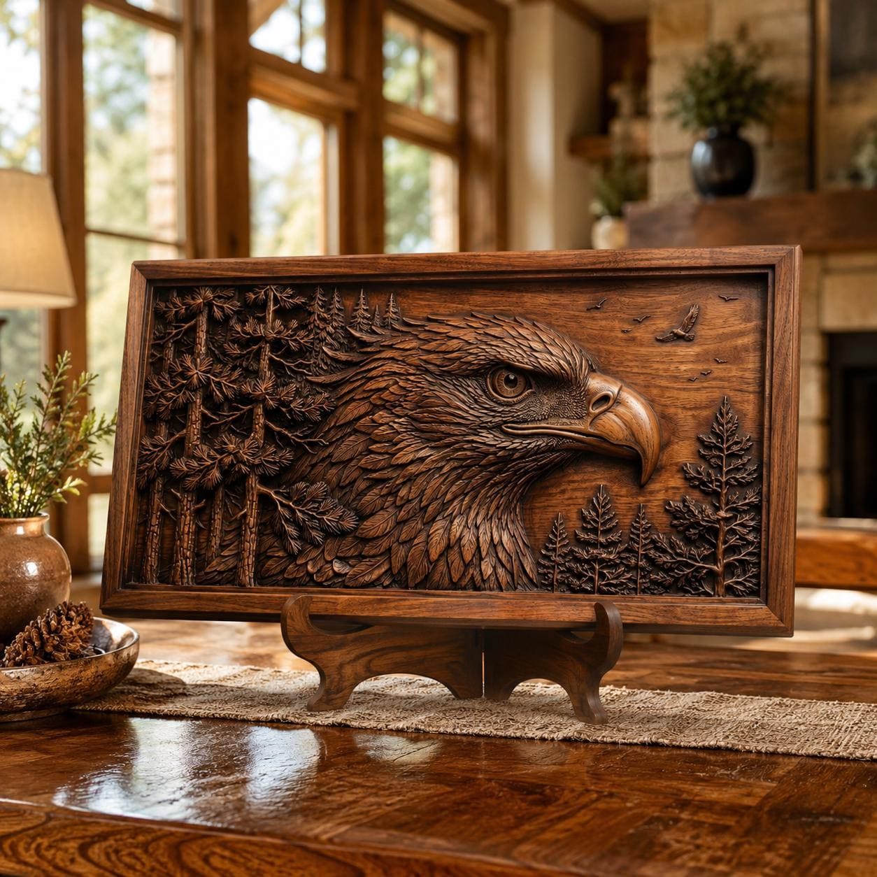 Bald Eagle Profile Bas-Relief with Pine Forest Backdrop STL bas-relief STL — view 4