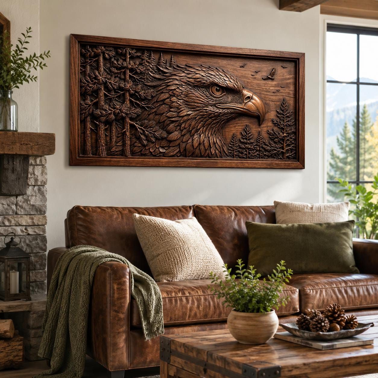 Bald Eagle Profile Bas-Relief with Pine Forest Backdrop STL bas-relief STL — view 5