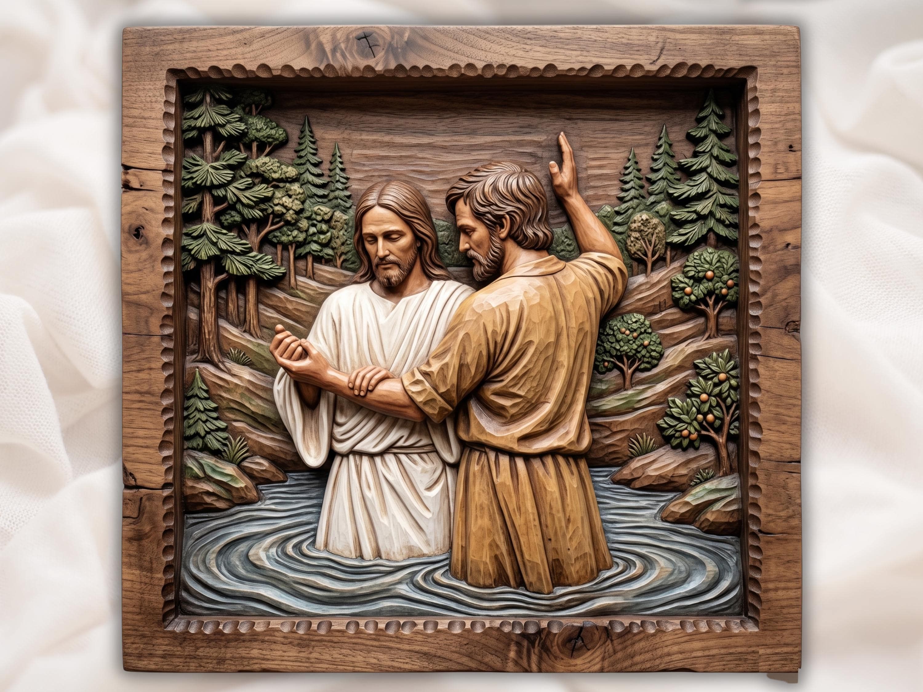 Bas-relief wood carving of the Baptism of Christ, two robed figures standing in a river with pines behind.