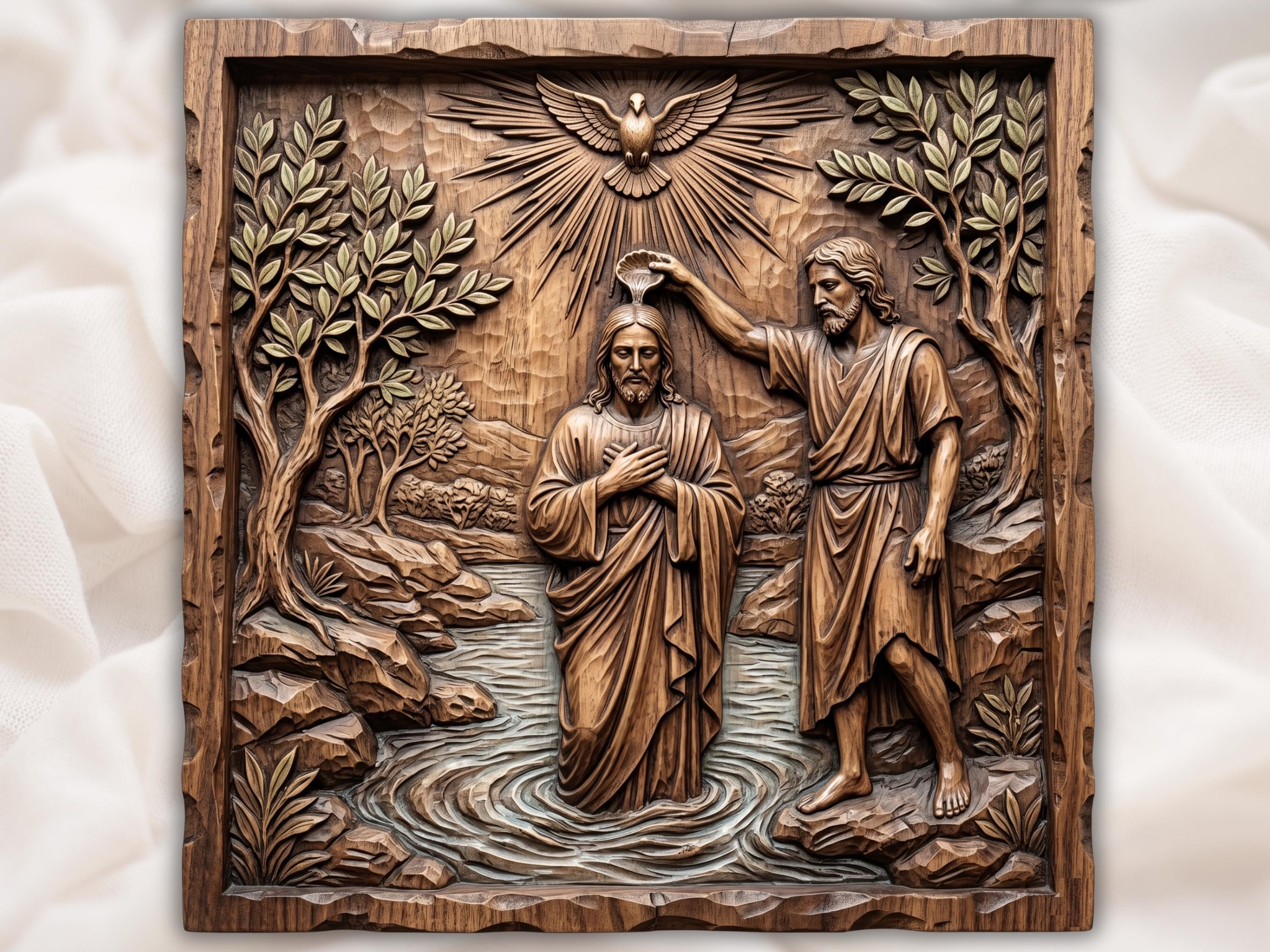 Carved wood relief of Jesus baptized in the Jordan River with a descending dove and rays of light above