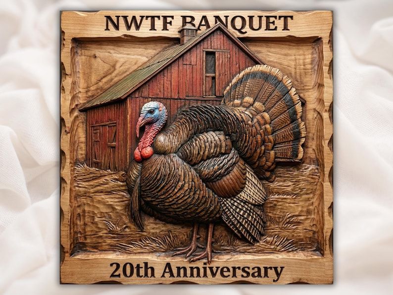 Carved wild turkey in full strut before a red barn with NWTF banquet anniversary text bas-relief