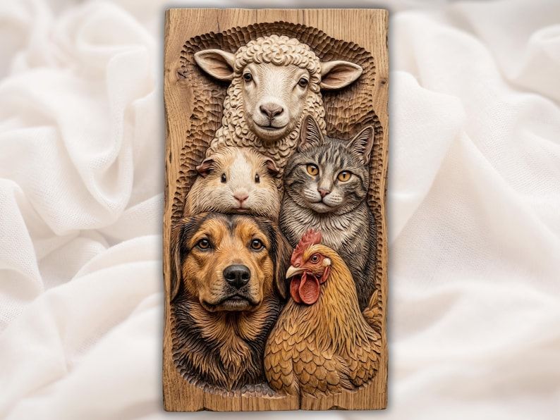 Carved wood bas-relief of a sheep, dog, cat, chicken, and guinea pig grouped together on a plank.