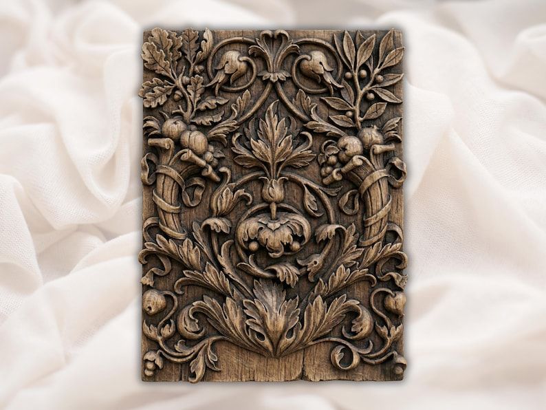 Carved wood relief panel with symmetrical Baroque acanthus scrollwork, layered leaves, vines, and a central floral blossom.