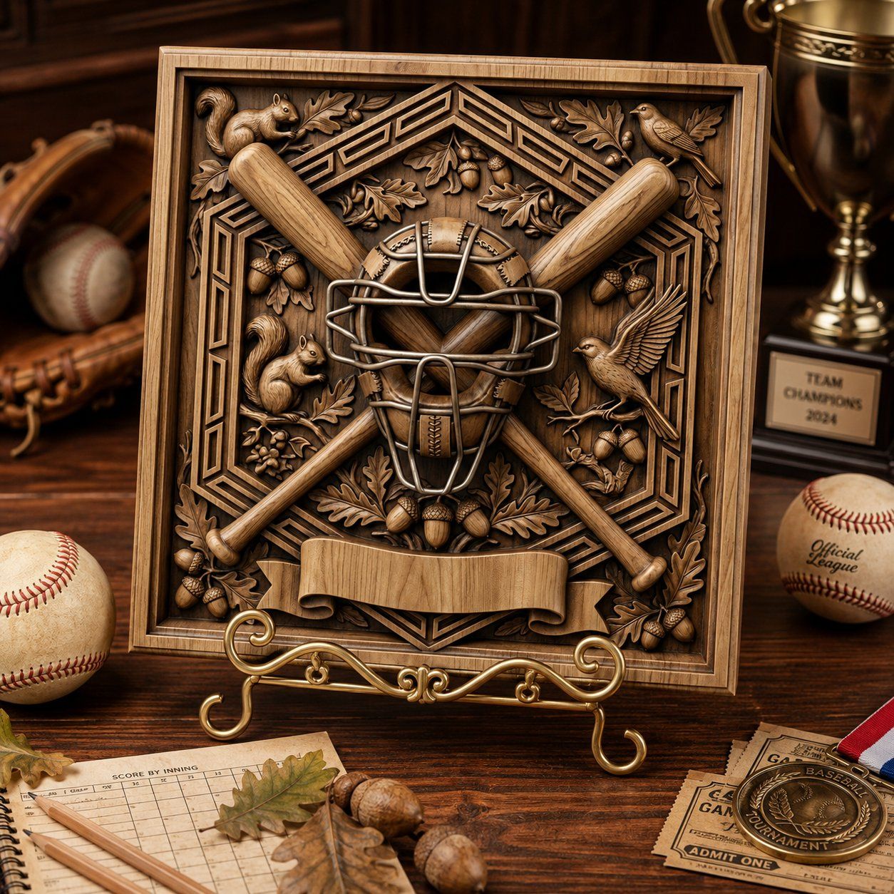 Baseball Catcher Mask Crossed Bats CNC Relief STL bas-relief STL — view 3