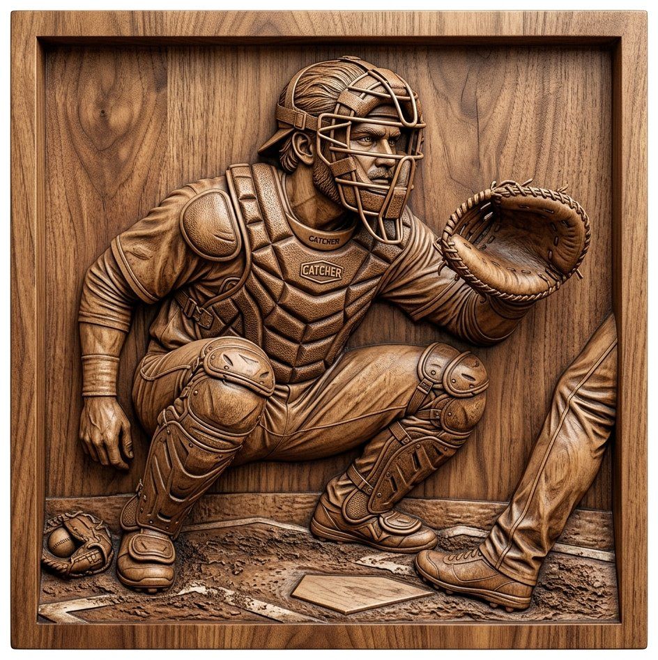 Baseball Catcher Sports Action Scene CNC Relief STL | Athlete Wall Art Decor | Baseball Fan Woodworking Project — carved bas relief STL file for CNC