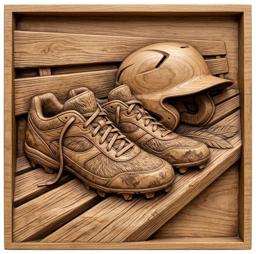 Baseball Dugout Scene Cleats and Helmet CNC Relief STL | Sports Wood Carving Design | Home Run Wall Art Panel — carved bas relief STL file for CNC