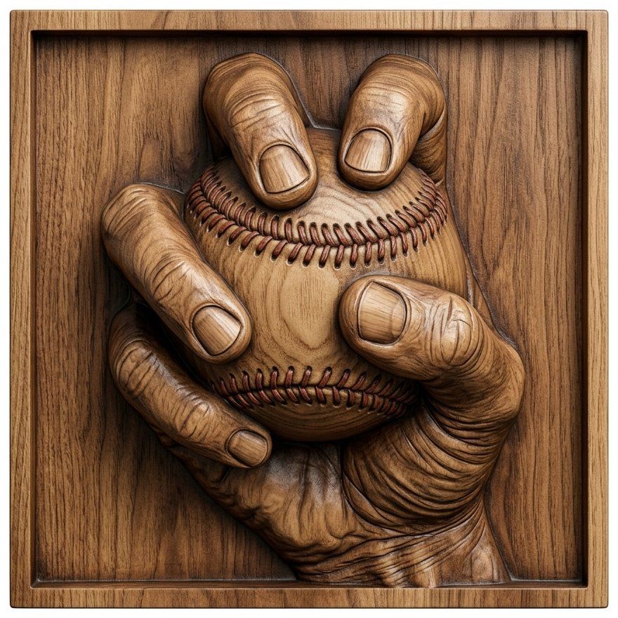 Baseball Pitcher Hand Grip CNC Relief STL | Sports Wood Carving Design | Home Run Wall Art Panel | Man Cave Decor — carved bas relief STL file for CNC