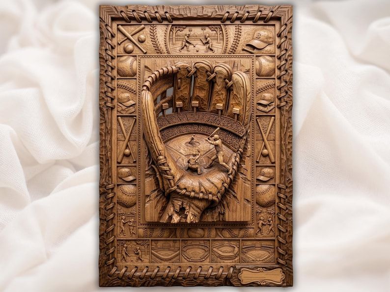 Bas-relief wood carving of a baseball stadium and batter inside a fielder's glove with a bats and balls border
