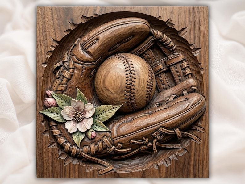 Carved relief of a baseball glove and ball with a dogwood blossom and leaves on a wood panel