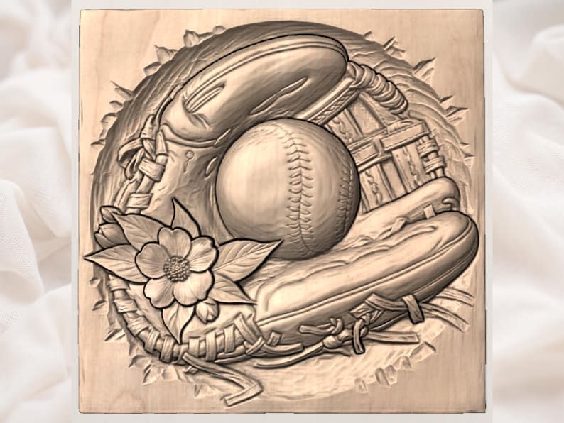 Baseball Glove and Ball Relief with Dogwood Blossom STL bas-relief STL — view 3