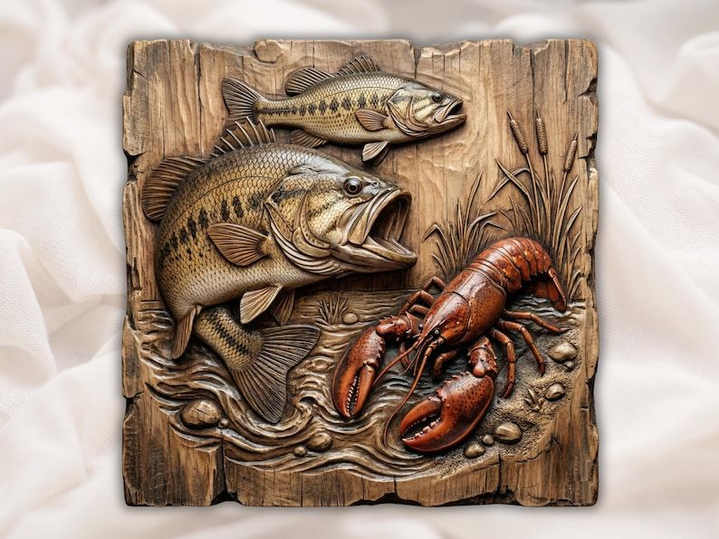 Carved relief panel of two largemouth bass above a lobster among rocks and reeds on wood grain