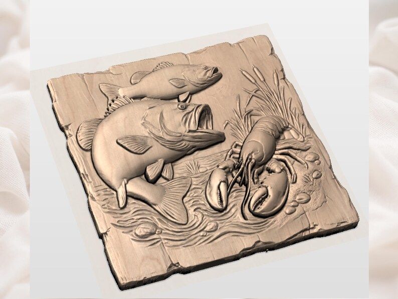 Largemouth Bass and Lobster Lake Scene Bas-Relief STL bas-relief STL — view 2