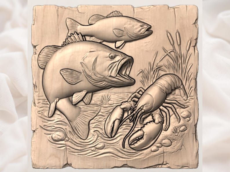 Largemouth Bass and Lobster Lake Scene Bas-Relief STL bas-relief STL — view 3