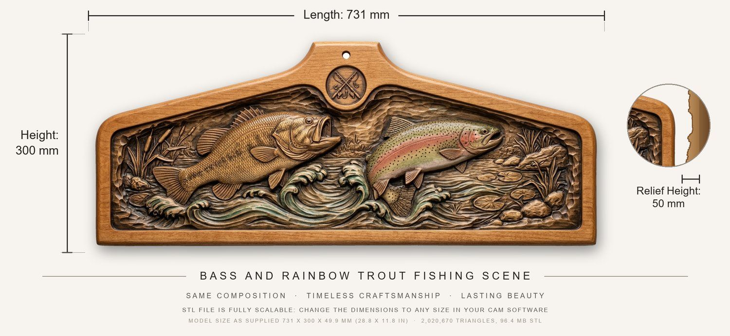 Coat hanger Bass and Rainbow Trout Fishing Scene CNC Relief STL bas-relief STL — view 3