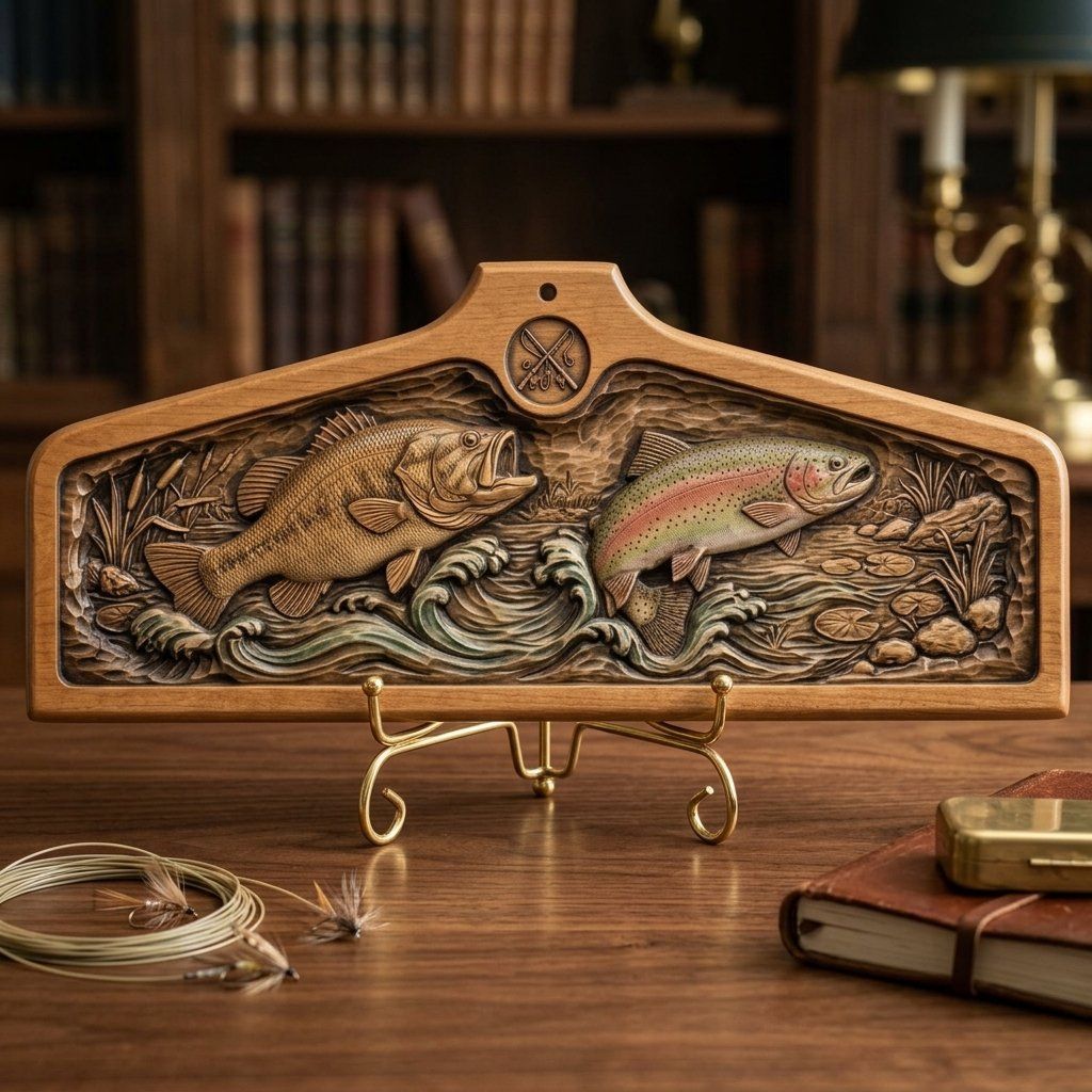 Coat hanger Bass and Rainbow Trout Fishing Scene CNC Relief STL bas-relief STL — view 15