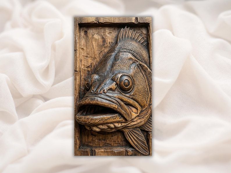 Carved wood bas-relief of a largemouth bass head with open mouth, detailed scales and fins on a rustic panel