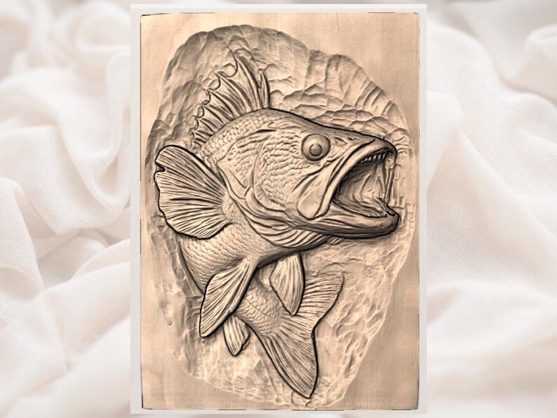 Largemouth Bass Bursting From the Panel 3D Relief STL bas-relief STL — view 2