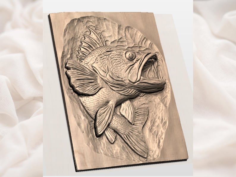 Largemouth Bass Bursting From the Panel 3D Relief STL bas-relief STL — view 3