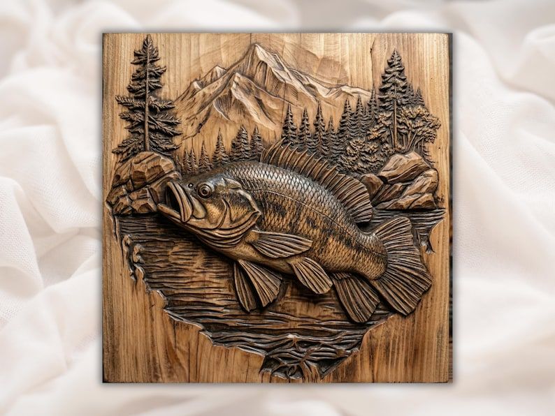 Carved wood bas-relief of a largemouth bass leaping below mountain peaks and pine trees on a lake