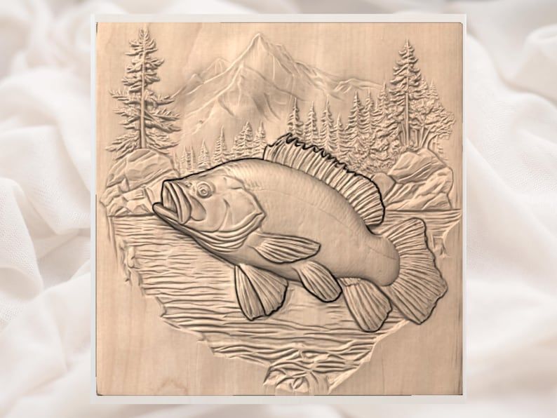 Largemouth Bass and Mountain Lake Bas-Relief STL Carving File bas-relief STL — view 2