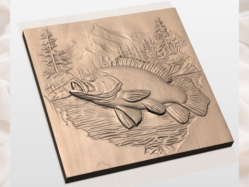 Largemouth Bass and Mountain Lake Bas-Relief STL Carving File bas-relief STL — view 3