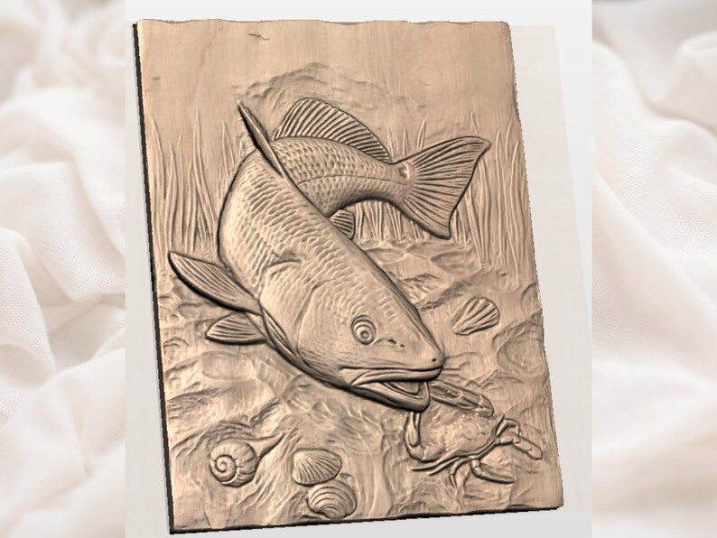 Redfish and Blue Crab Shoreline Bas-Relief STL Carving bas-relief STL — view 2