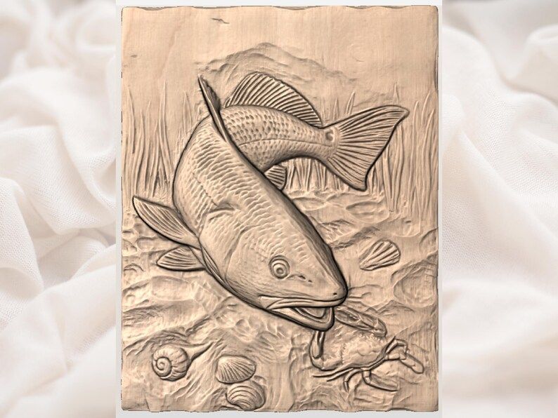 Redfish and Blue Crab Shoreline Bas-Relief STL Carving bas-relief STL — view 3