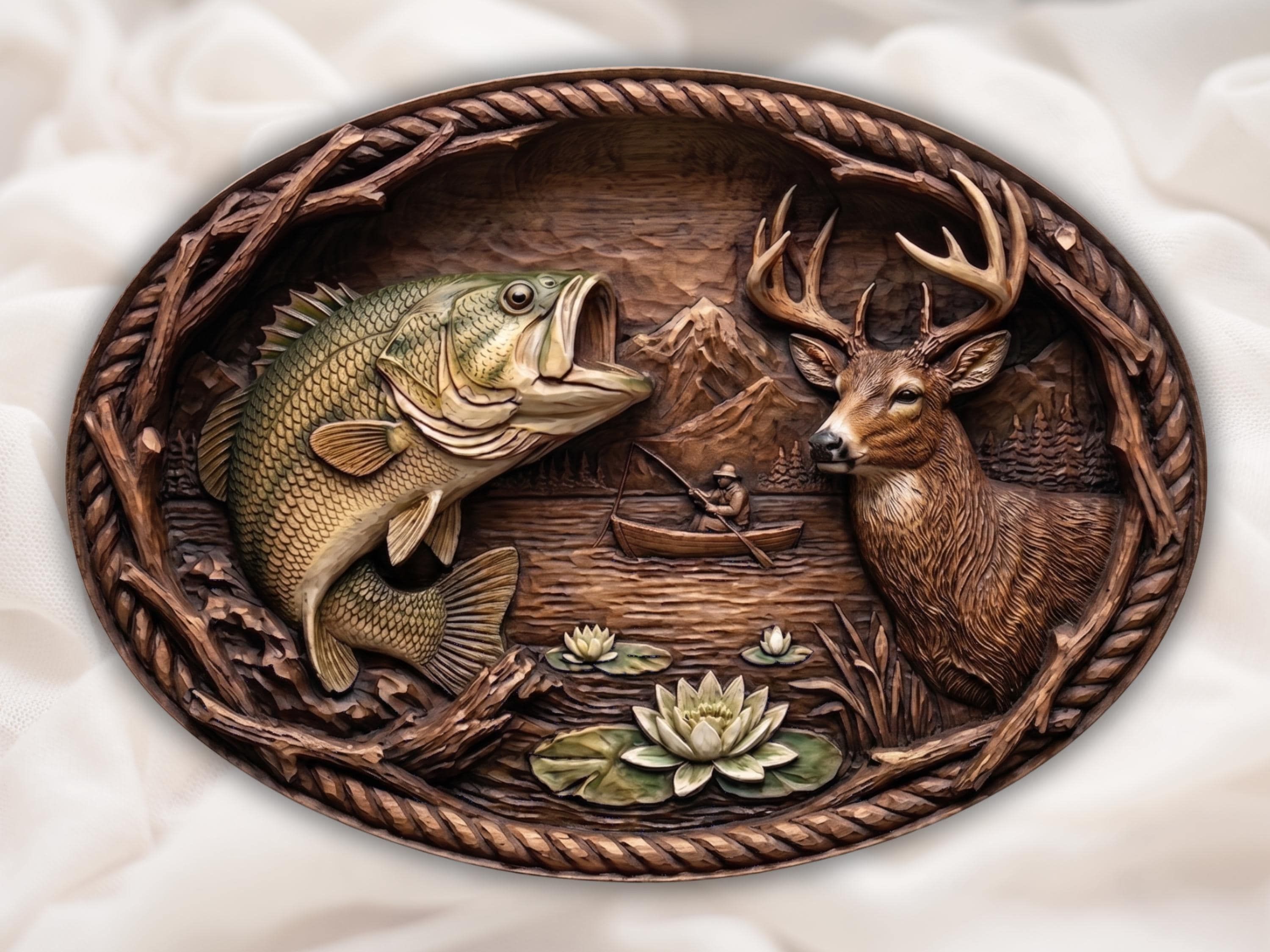 Carved oval relief of a leaping bass, a fisherman in a canoe, mountains, and water lilies with rope border
