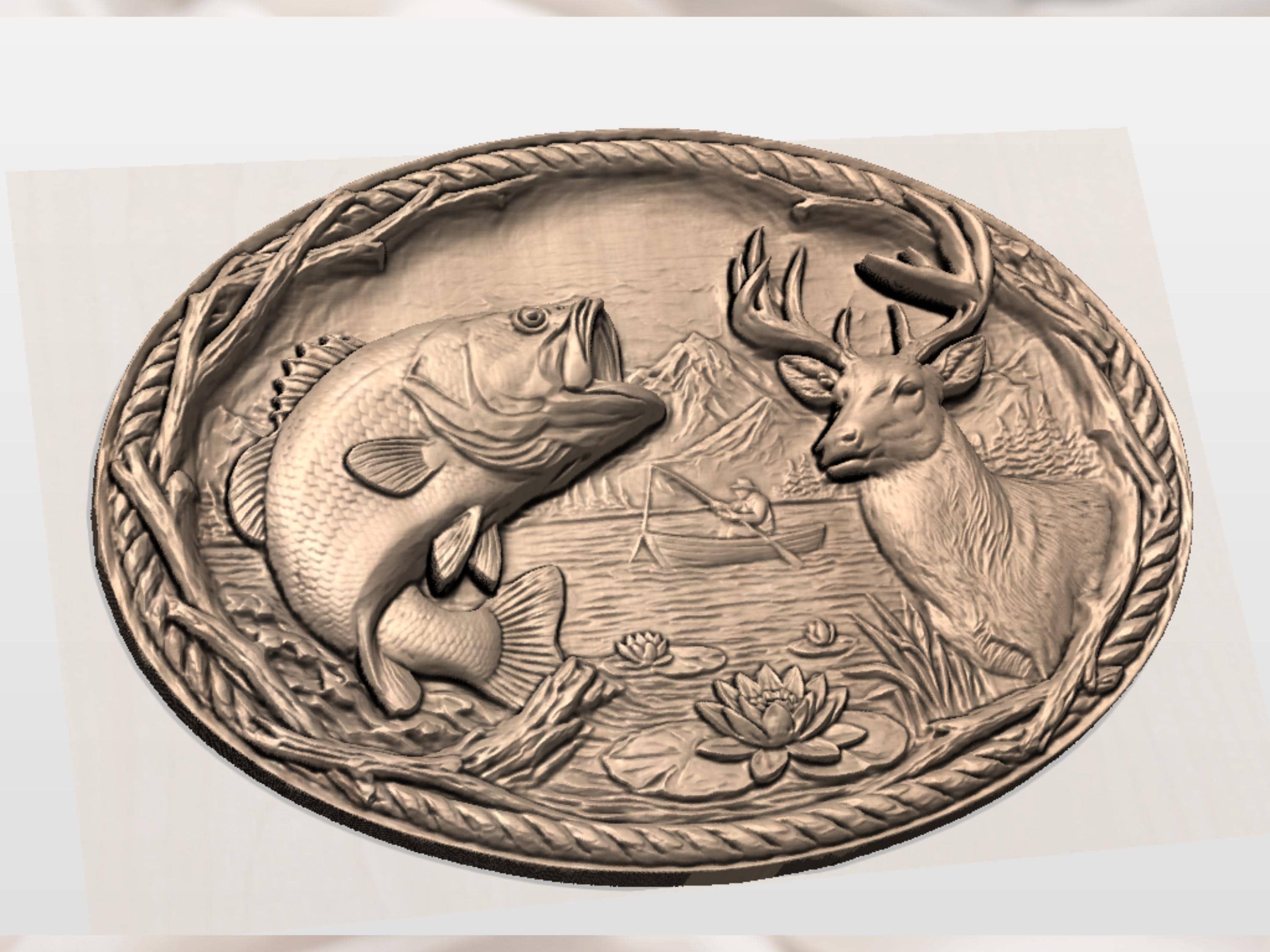 Leaping Bass and Lake Fisherman Oval Relief STL Carving bas-relief STL — view 2