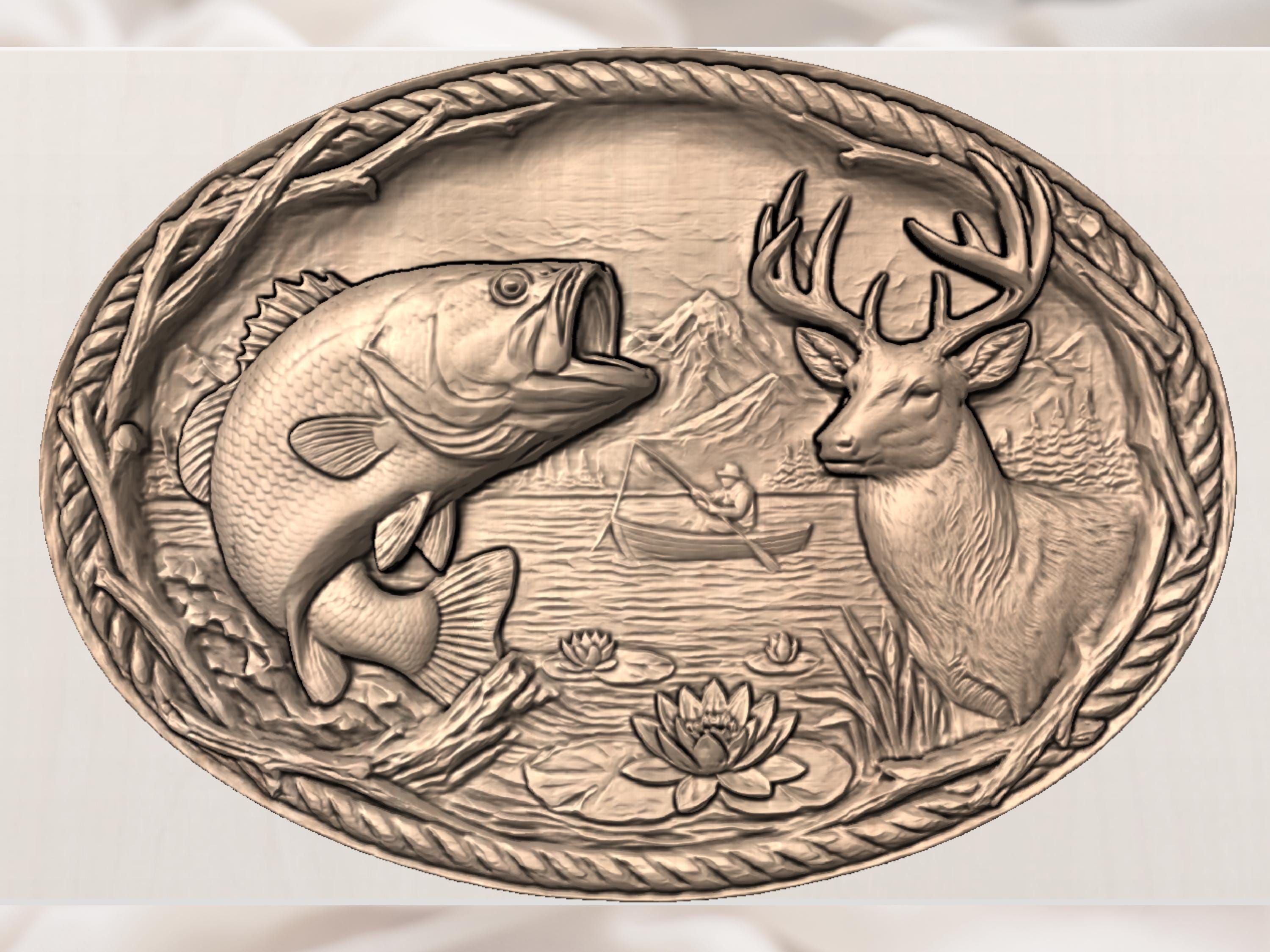 Leaping Bass and Lake Fisherman Oval Relief STL Carving bas-relief STL — view 3