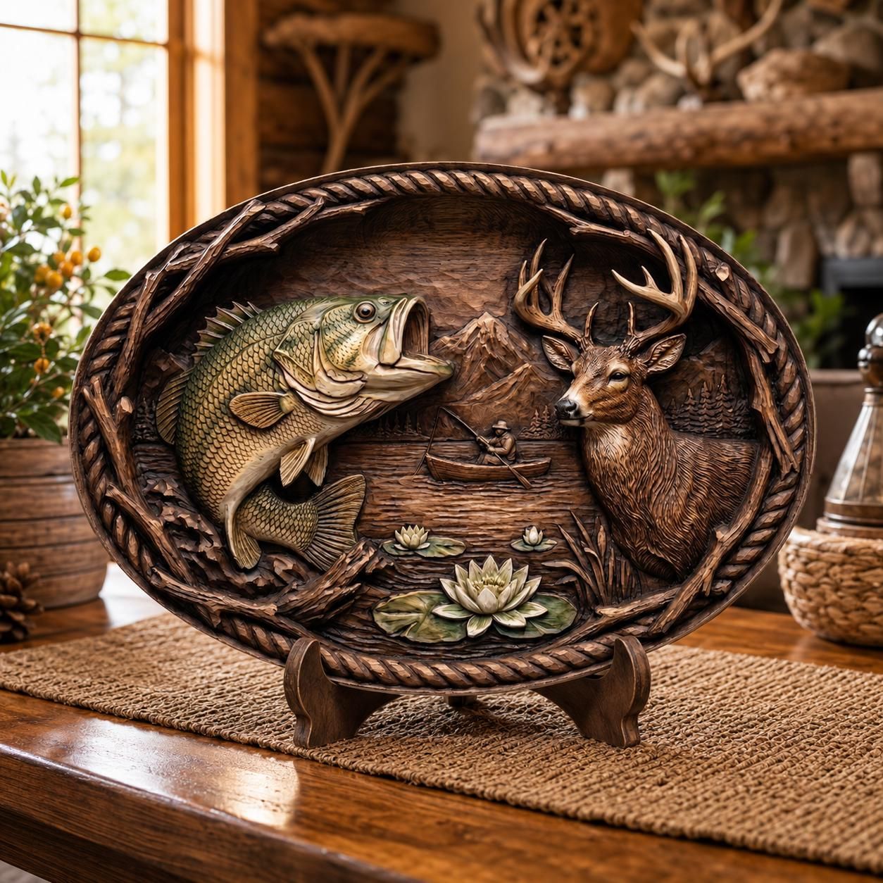 Leaping Bass and Lake Fisherman Oval Relief STL Carving bas-relief STL — view 4