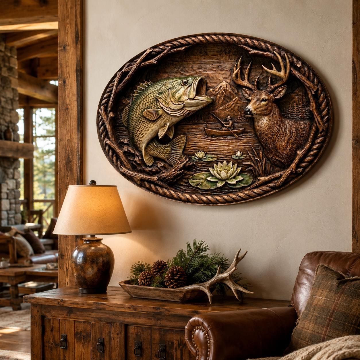 Leaping Bass and Lake Fisherman Oval Relief STL Carving bas-relief STL — view 5