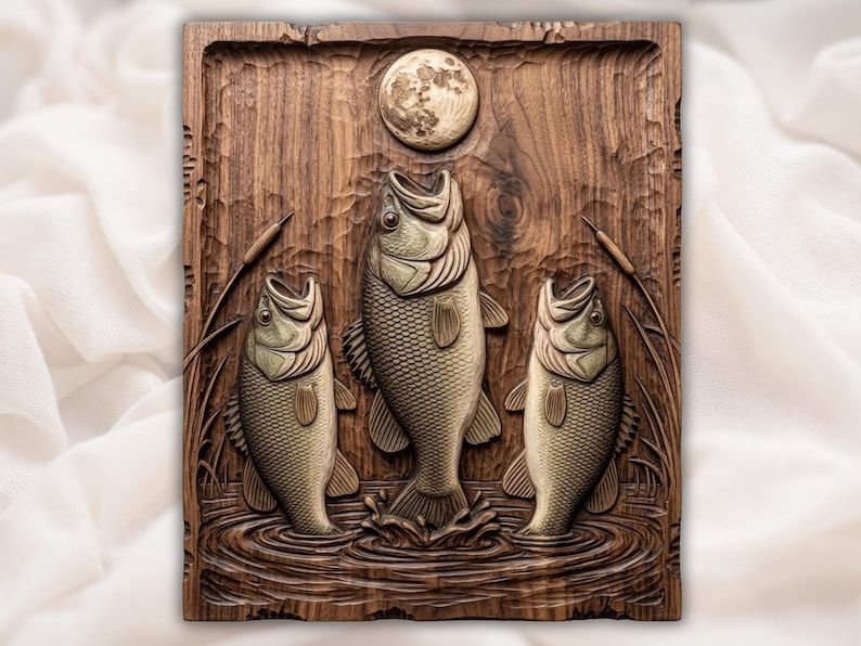 Carved wood relief of three largemouth bass leaping from water under a full moon with cattails and ripples