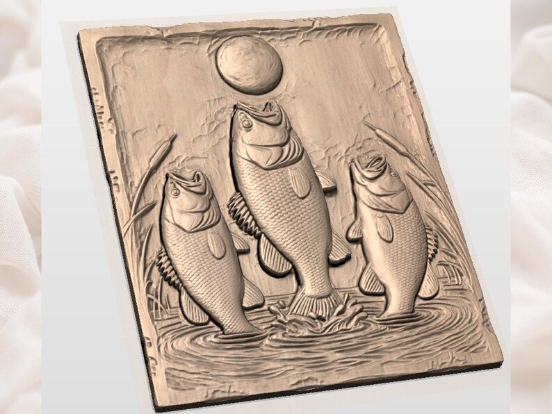 Triple Largemouth Bass Under a Full Moon Relief STL bas-relief STL — view 2