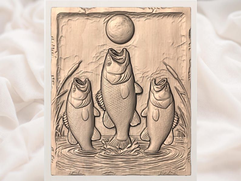 Triple Largemouth Bass Under a Full Moon Relief STL bas-relief STL — view 3