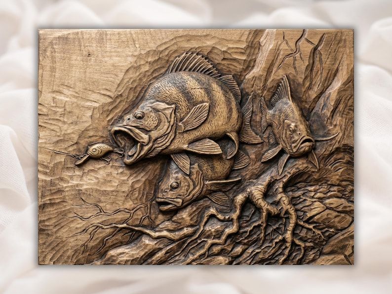 Carved wood relief of a bass striking a fishing lure with two more fish among sunken roots underwater