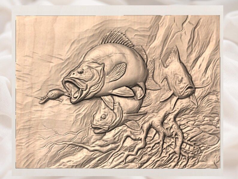 Bass Striking a Lure Underwater Scene Bas-Relief STL bas-relief STL — view 2