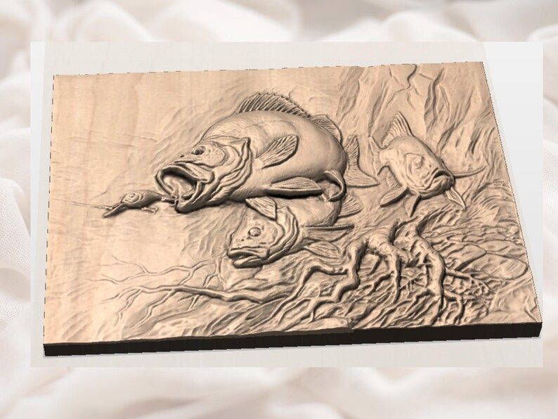 Bass Striking a Lure Underwater Scene Bas-Relief STL bas-relief STL — view 3