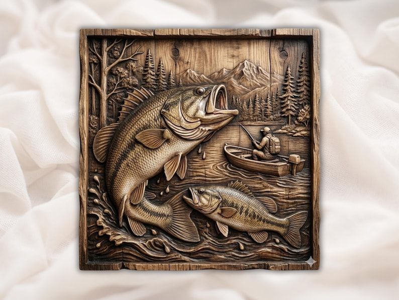 Carved wood relief of a leaping bass, a second fish, and a fisherman in a boat with pines and mountains