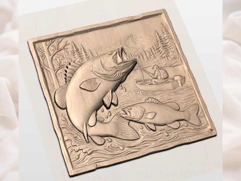 Leaping Bass and Fisherman Lake Scene Bas-Relief STL bas-relief STL — view 2