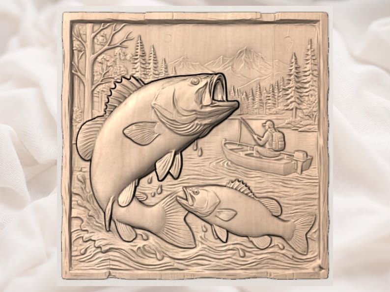 Leaping Bass and Fisherman Lake Scene Bas-Relief STL bas-relief STL — view 3