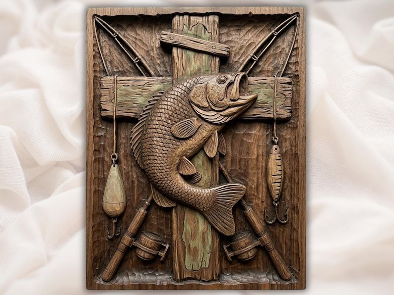 Carved wood relief of a largemouth bass over crossed fishing rods, reels, a lure, and a float on planks